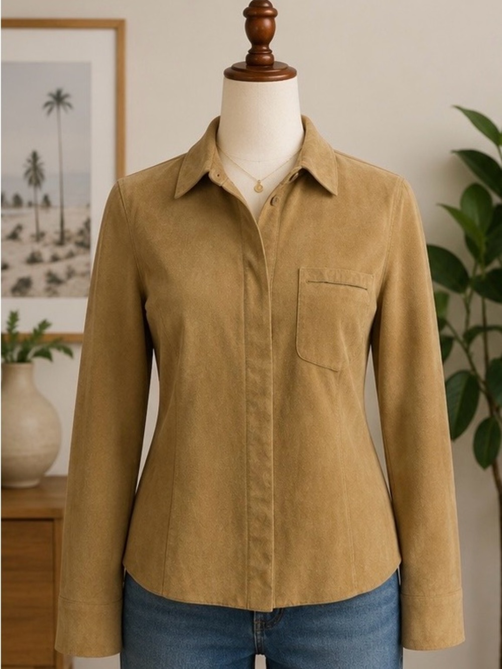 Caslon Genuine Leather Shirt Jacket Small Tan Snap Front Long Sleeve Top